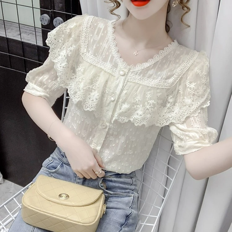 夏新款时尚蕾丝荷叶边泡泡短袖钩花衬衫披肩设计感气质百搭雪纺衫