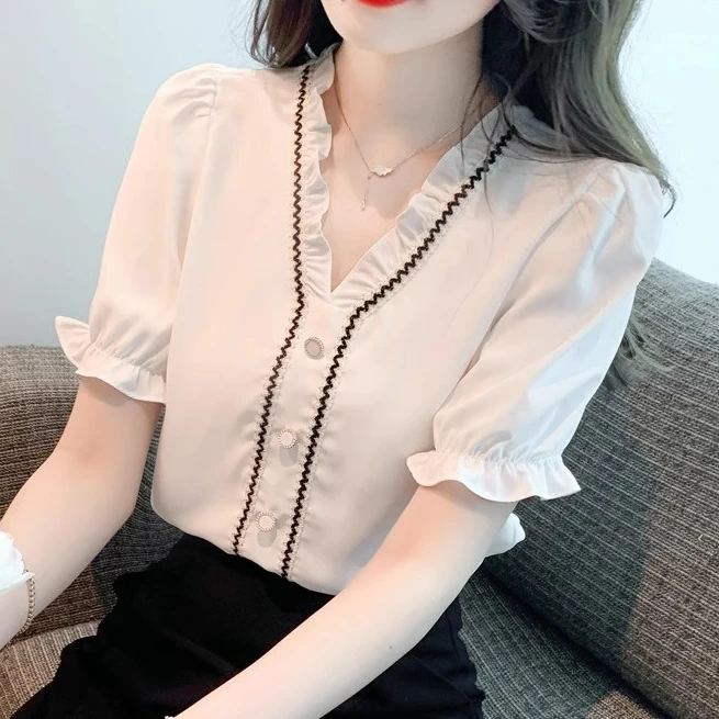花边v领短袖雪纺衫女装夏季2025新款法式小个子别致上衣洋气小衫