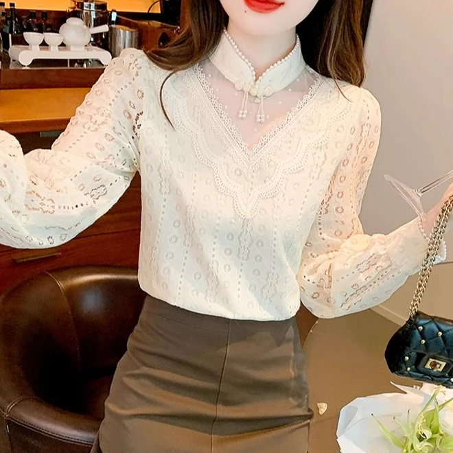 加绒加厚蕾丝打底衫女秋冬季内搭长袖新中式小衫国风改良旗袍上衣