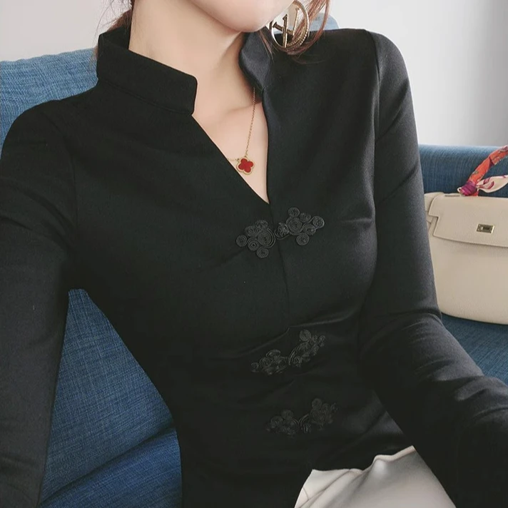 民族风盘扣衬衫女春秋装新款时尚修身上衣内搭气质中国风打底衫女