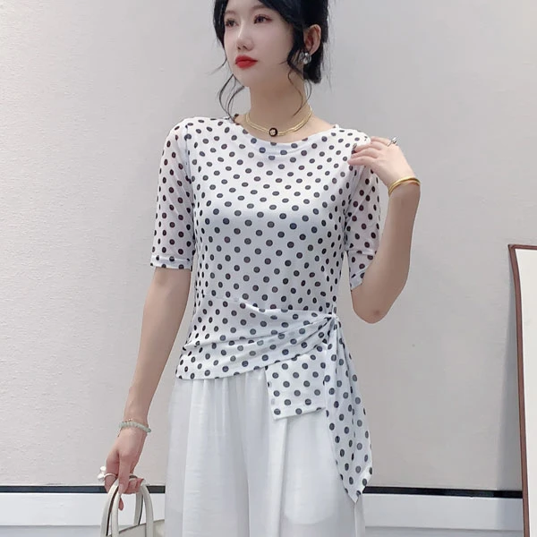 新款波点印花修身上衣女士夏季洋气网纱系带不规则T恤减龄小衫