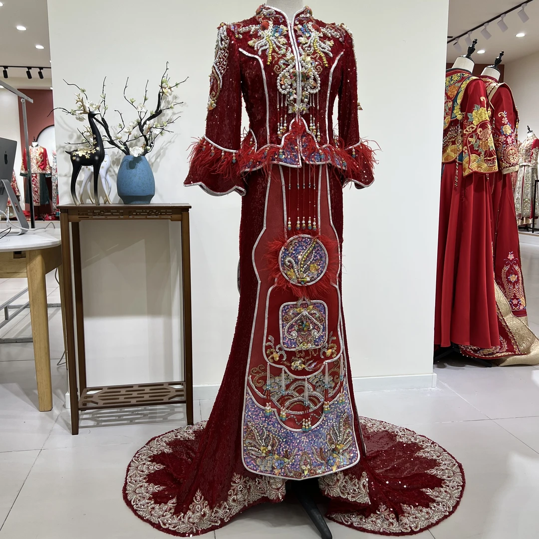 新式鱼尾拖尾秀禾亮片七分袖