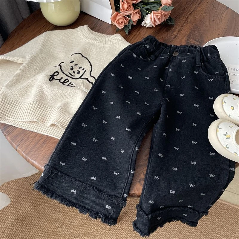 女童秋冬加绒加厚款休闲裤宝宝儿童蝴蝶结印花一体绒牛仔裤直筒裤
