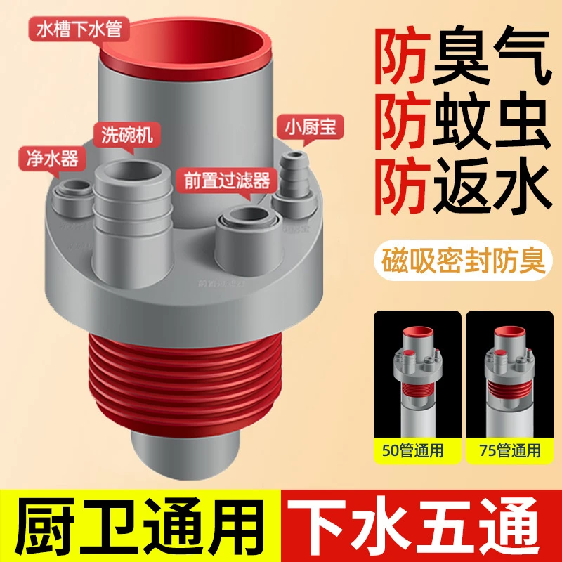 高质量下水管三通洗碗池水槽五通净水器排水管道防返臭分水器加厚