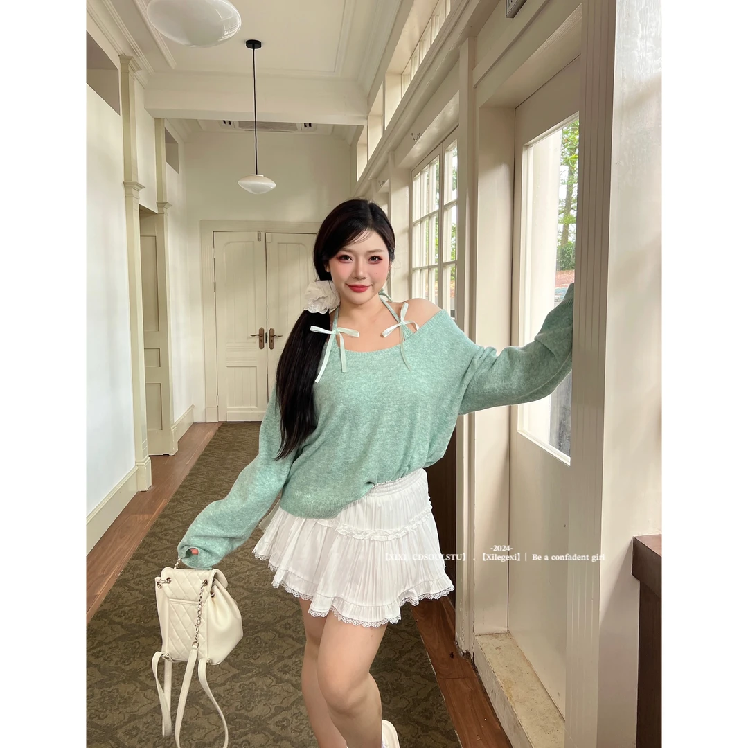 CD.soul【清绿白茶】大码纯欲甜美宽松挂脖芭蕾风针织两件套上衣