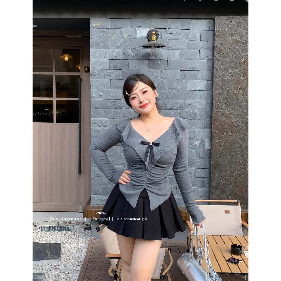 CD.soul【自在风雅】大码法式荷叶边领千金风显瘦长袖女内搭打底衫