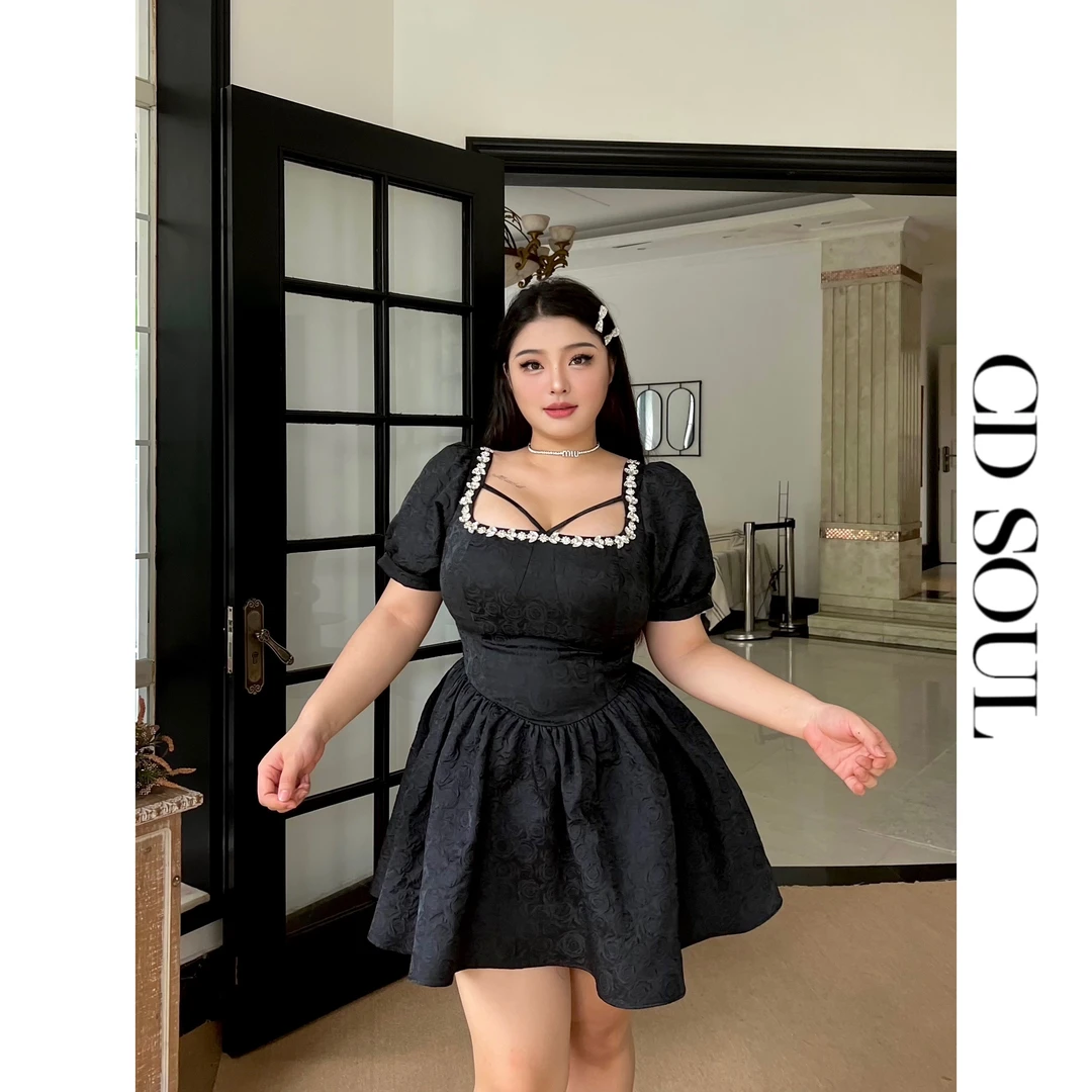 CD.soul【南法假日】微胖夏季大方领碎钻收腰法式提花公主蓬蓬裙