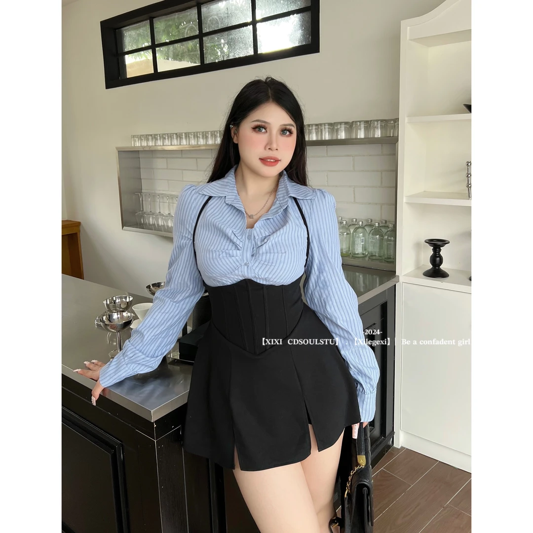 CD.soul【邻家学妹】大码学院长袖衬衫背带裙CG-S109+CG-T11A清