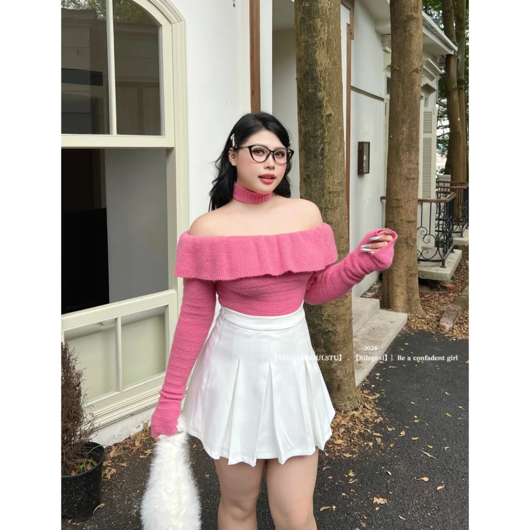 CD.soul【粉红泡泡】大码显瘦显白一字肩荷叶边秋冬上衣+收腰百褶裙