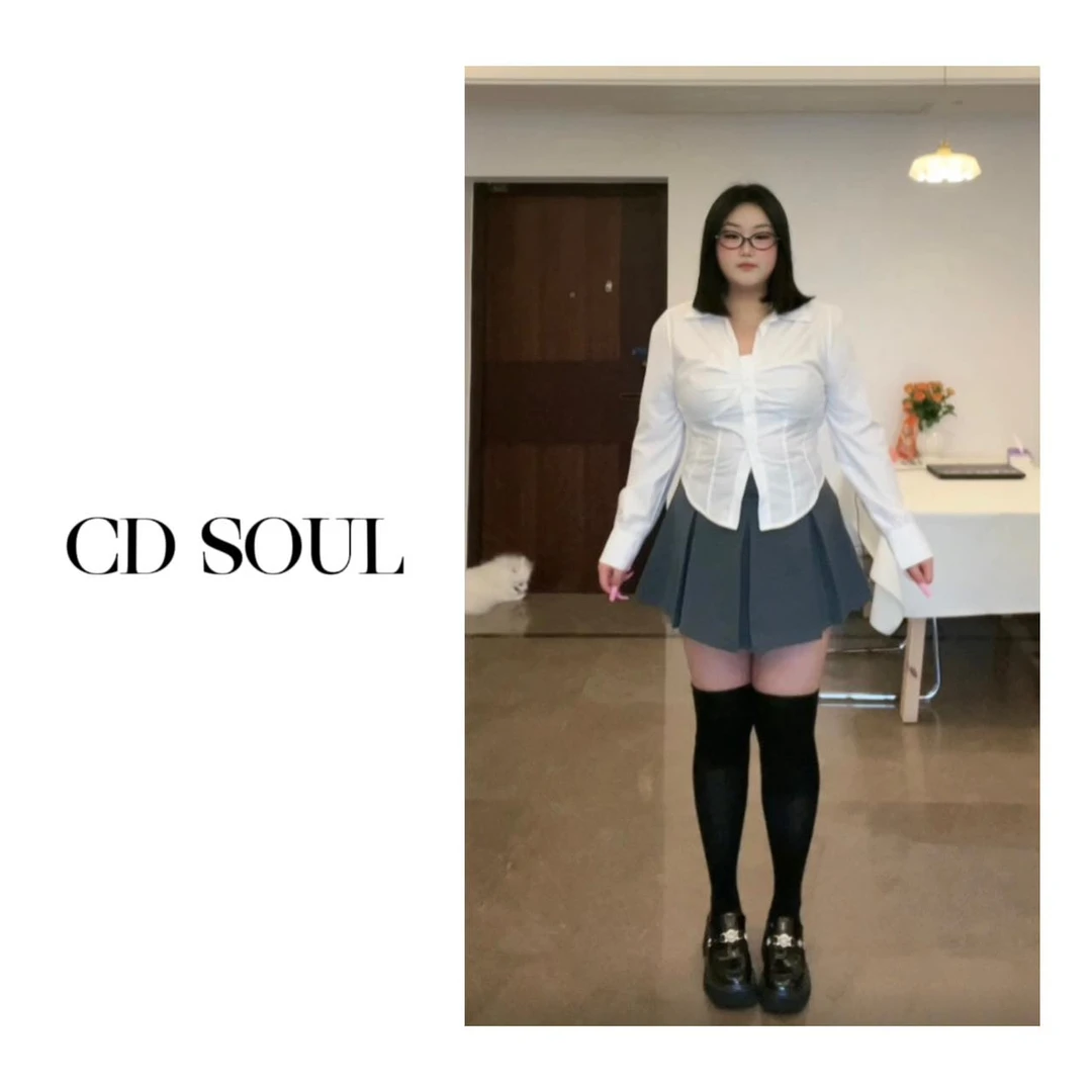 CD.soul【月光少女】微胖大码辣妹修身收腰显瘦白衬衫+百褶裙