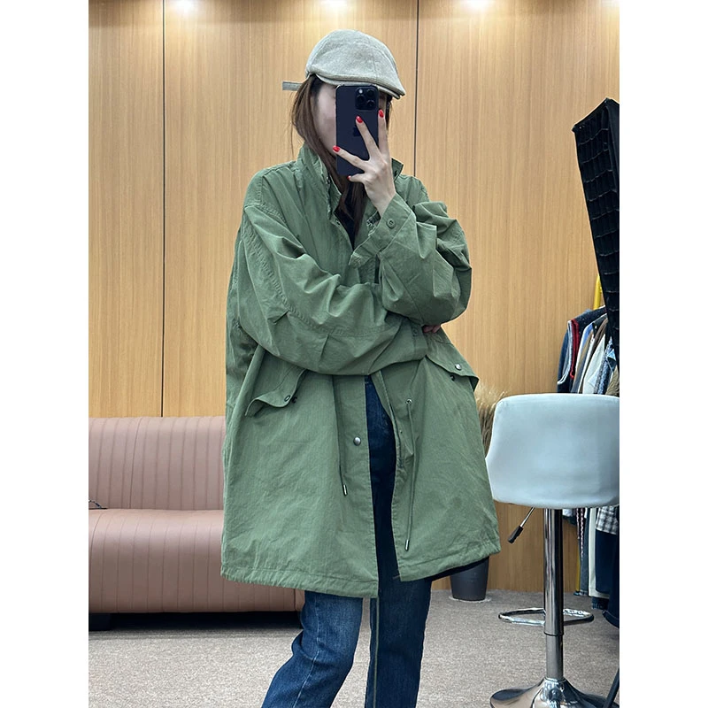 小锦自留 2024秋季中长款工装外套女洋气休闲百搭长袖绿色上衣