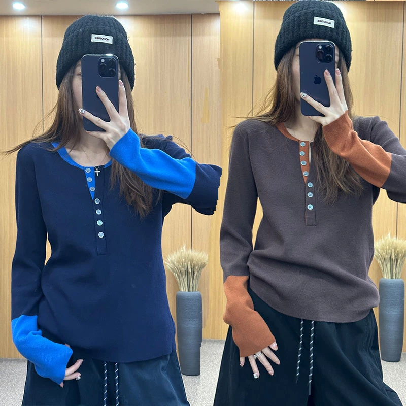 假两件撞色显瘦打底衫女冬胖妹妹mm大码拼接内搭长袖T恤针织上衣