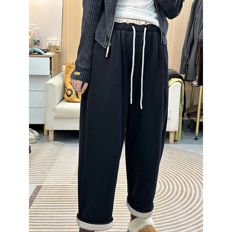 加绒加厚撞色阔腿裤女2023秋冬高腰宽松休闲裤直筒老爹哈伦萝卜裤