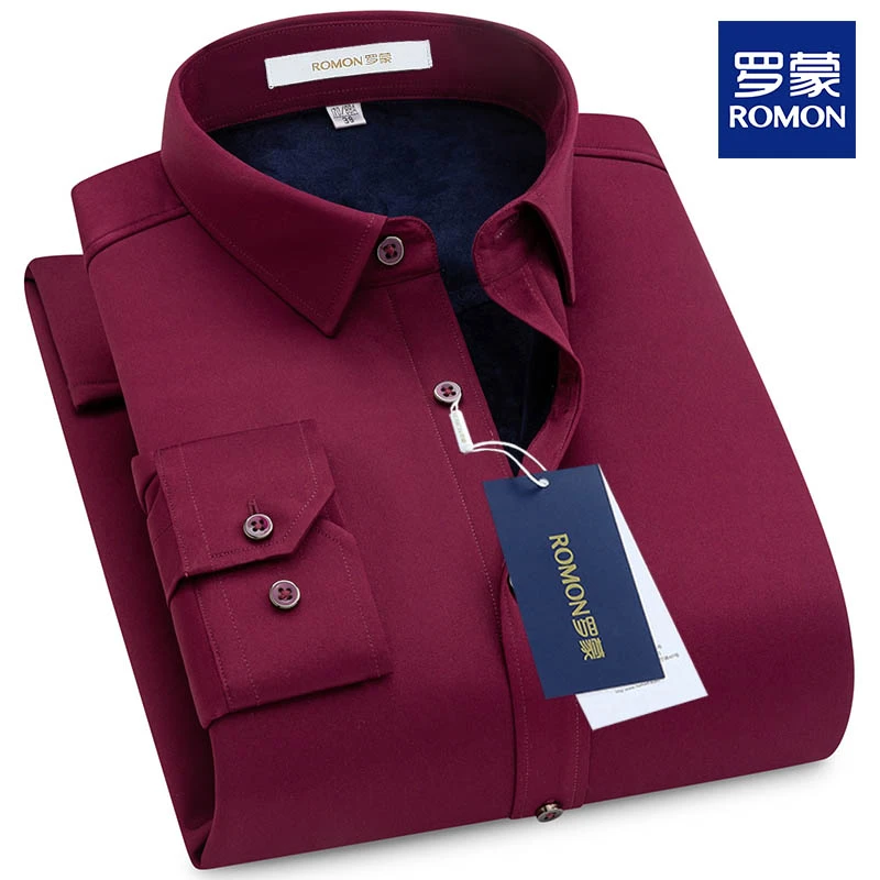 罗蒙男士长袖商务休闲加绒衬衫保暖高端加厚秋冬季红色衬衣时尚