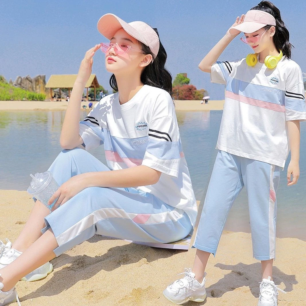 【棉】2024休闲运动套装女绣花短袖裤子少女夏季高初中学生两件套