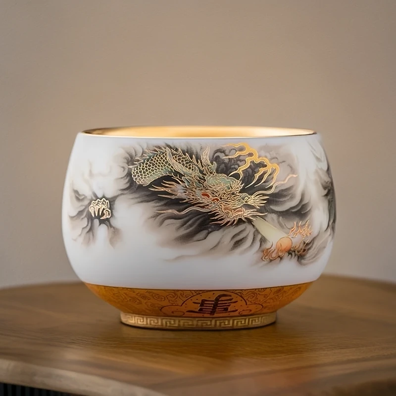 【龙马精神】德化白瓷鎏金杯高档主人杯茶杯客杯手工品茗杯礼盒装