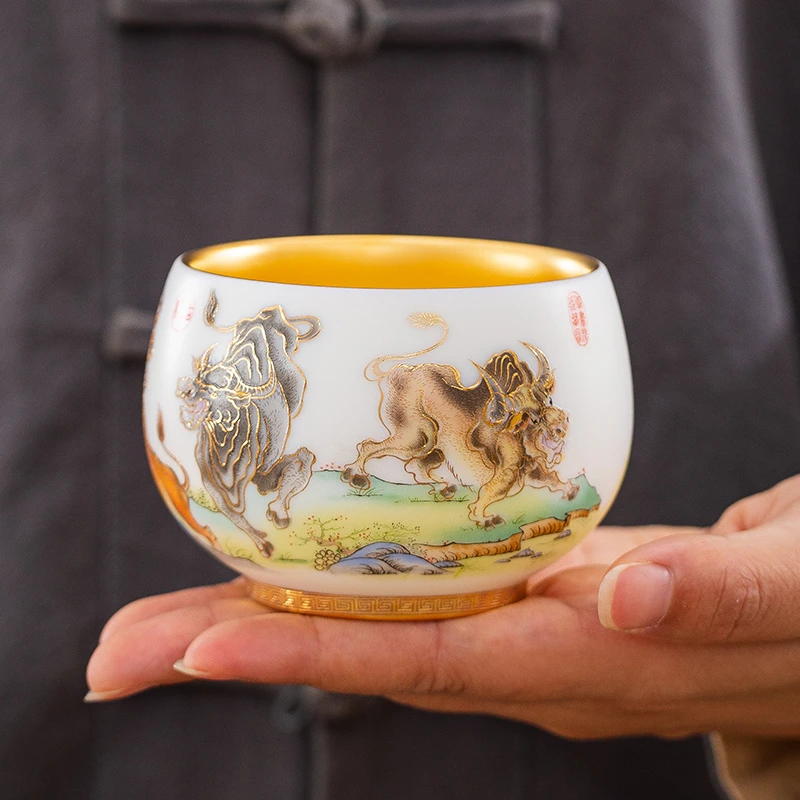 五福牛鎏金杯高档主人杯大号品茗杯功夫茶具茶杯客杯送礼自用礼盒