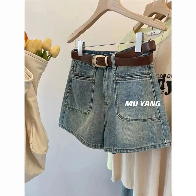 蓝色水洗复古a字牛仔短裤女夏季2024年新款小个子高腰显瘦热裤子