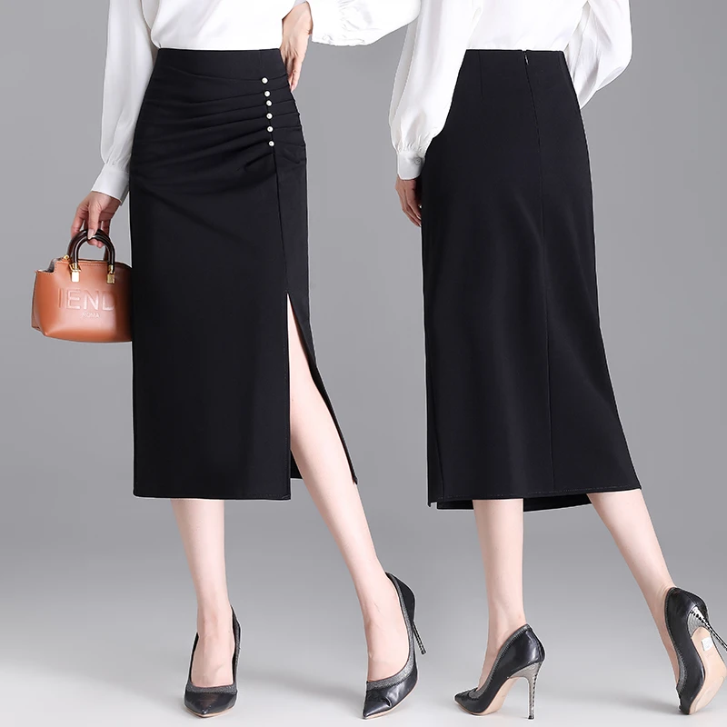 西装裙褶皱半身裙女春秋中长款2023新款高腰黑色开叉a字包臀裙子