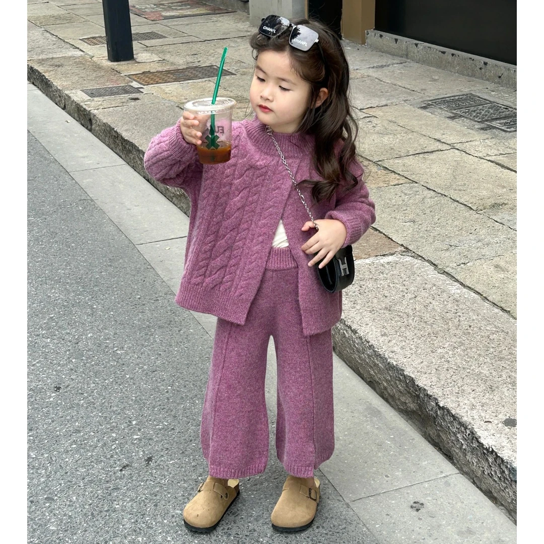 壹妈童装女童春秋时髦洋气套装女孩气质紫色针织上衣毛衣宽松裤子