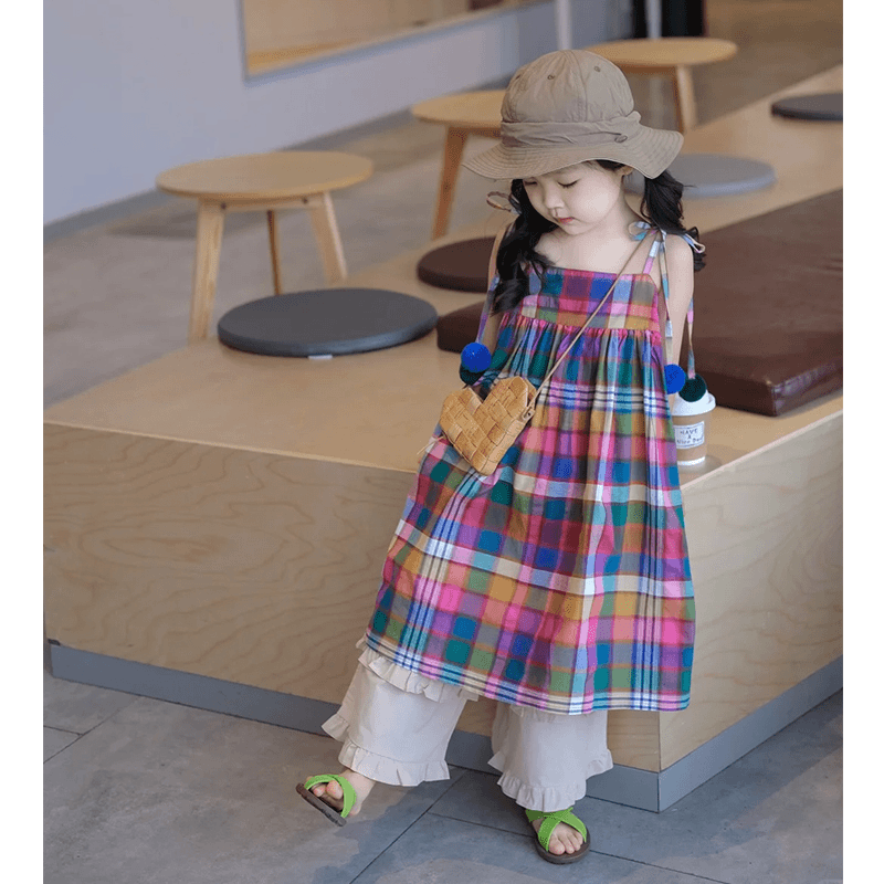 壹妈 韩版童装女童连衣裙2024新款夏装洋气儿童彩色格子森系吊带裙