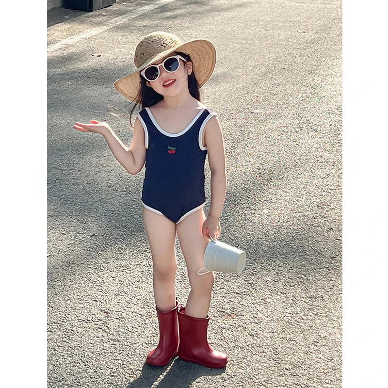 韩版童装女童泳装2024夏季新款洋气宝宝速干蓝色露背连体泳衣