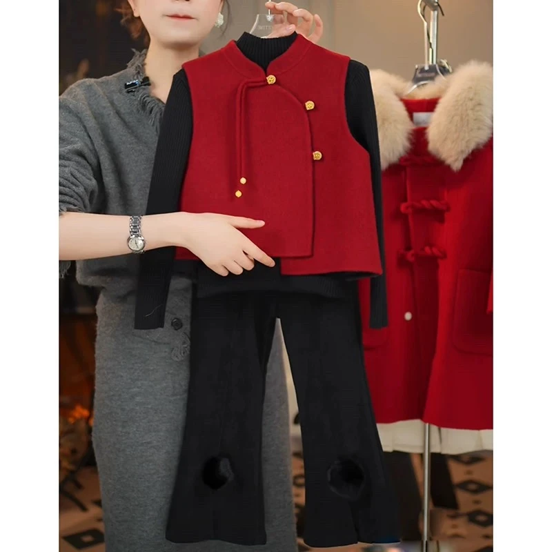现货儿童拜年服套装壹妈童装秋冬女童洋气国风红色毛呢马甲喇叭裤