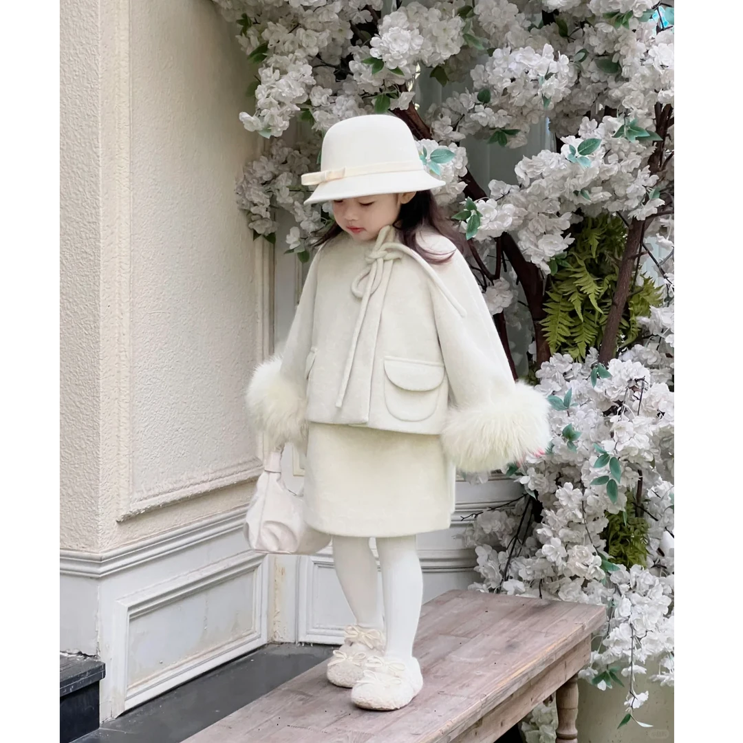 现货壹妈萌娃穿搭女童羊绒套装春秋儿童洋气小香风毛呢外套背心裙