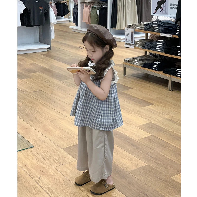 壹妈童装女童休闲套装2024新款夏装洋气儿童日系格子娃娃衫防蚊裤