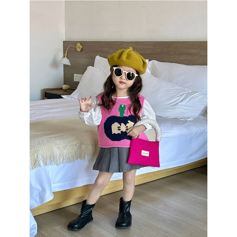 壹妈童装春季套装丑苹果背心马甲洋气泡泡袖衬衫学院风百褶半裙潮