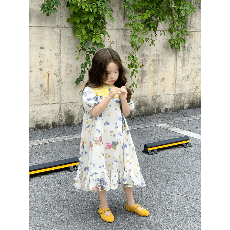 女童法式中长款连衣裙童装夏季儿童洋气碎花公主裙泡泡袖裙子