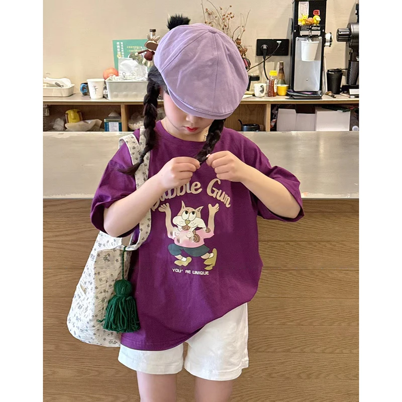 壹妈童装女童夏季休闲百搭套装洋气卡通短袖t恤牛仔短裤衣服潮