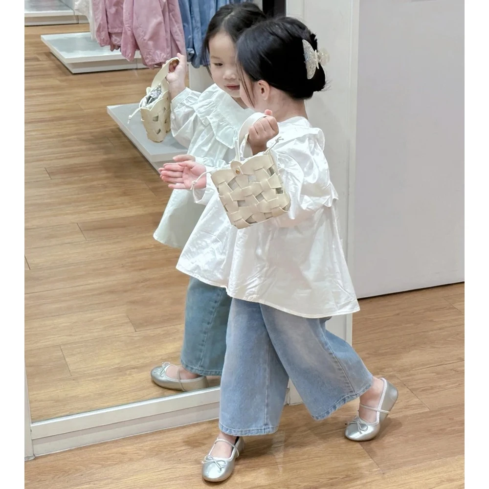 壹妈童装女童小清新百搭衬衫萌娃长袖花边衬衣休闲牛仔裤两件套潮