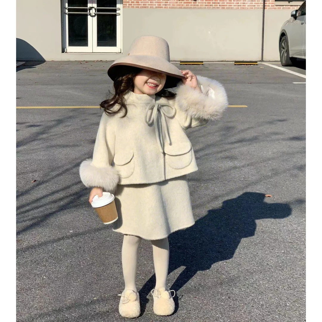 壹妈现货韩版童装萌娃女童小香风套装春秋儿童洋气毛呢外套背心裙
