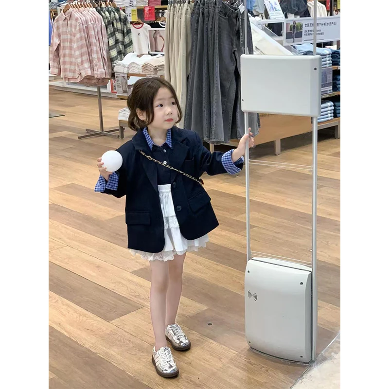 壹妈童装女童秋季款套装儿童黑色西装外套拼接假两件上衣蕾丝半裙