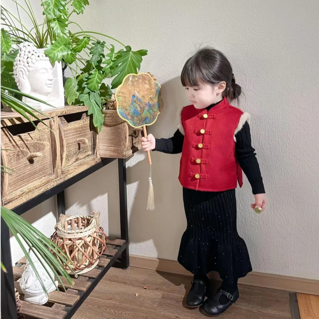 壹妈韩版童装萌娃穿搭女童新中式套装秋冬儿童中国风红色马甲半裙
