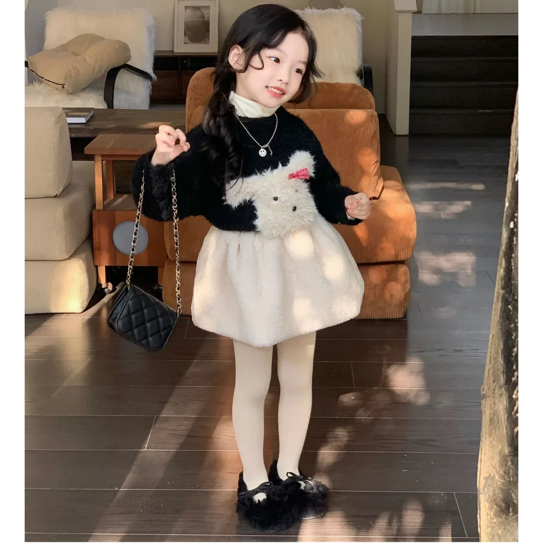 壹妈童装萌娃穿搭女童套装儿童秋冬洋气卡通针织衫毛绒半裙两件套