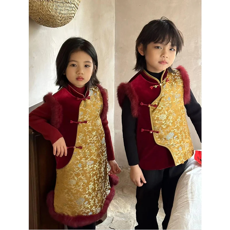 现货童装男女童新中式拜年服套装春秋儿童中国风唐装加厚背心裙