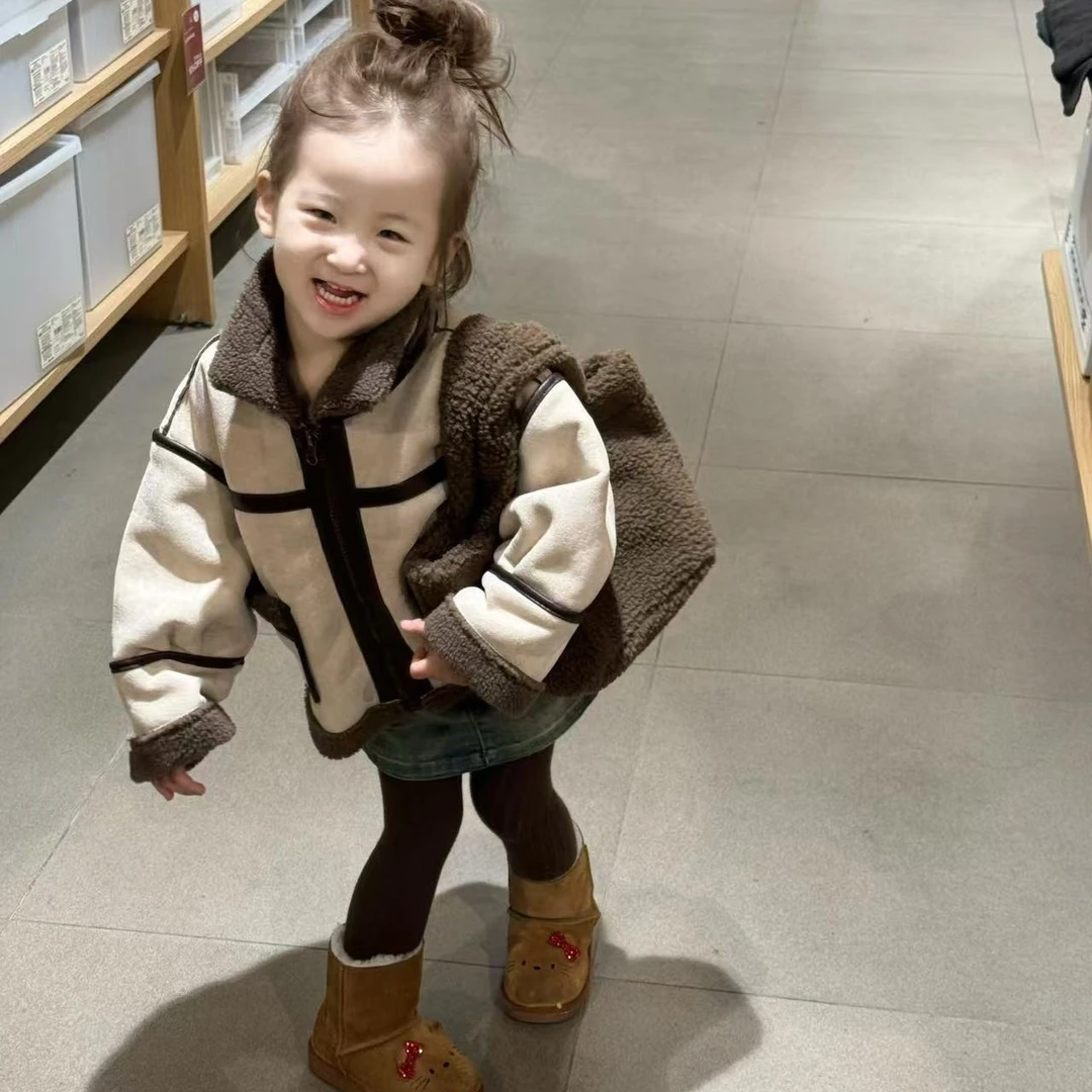 壹妈童装韩版男童女童加厚卡其色外套冬季保暖皮毛一体加绒棉衣服