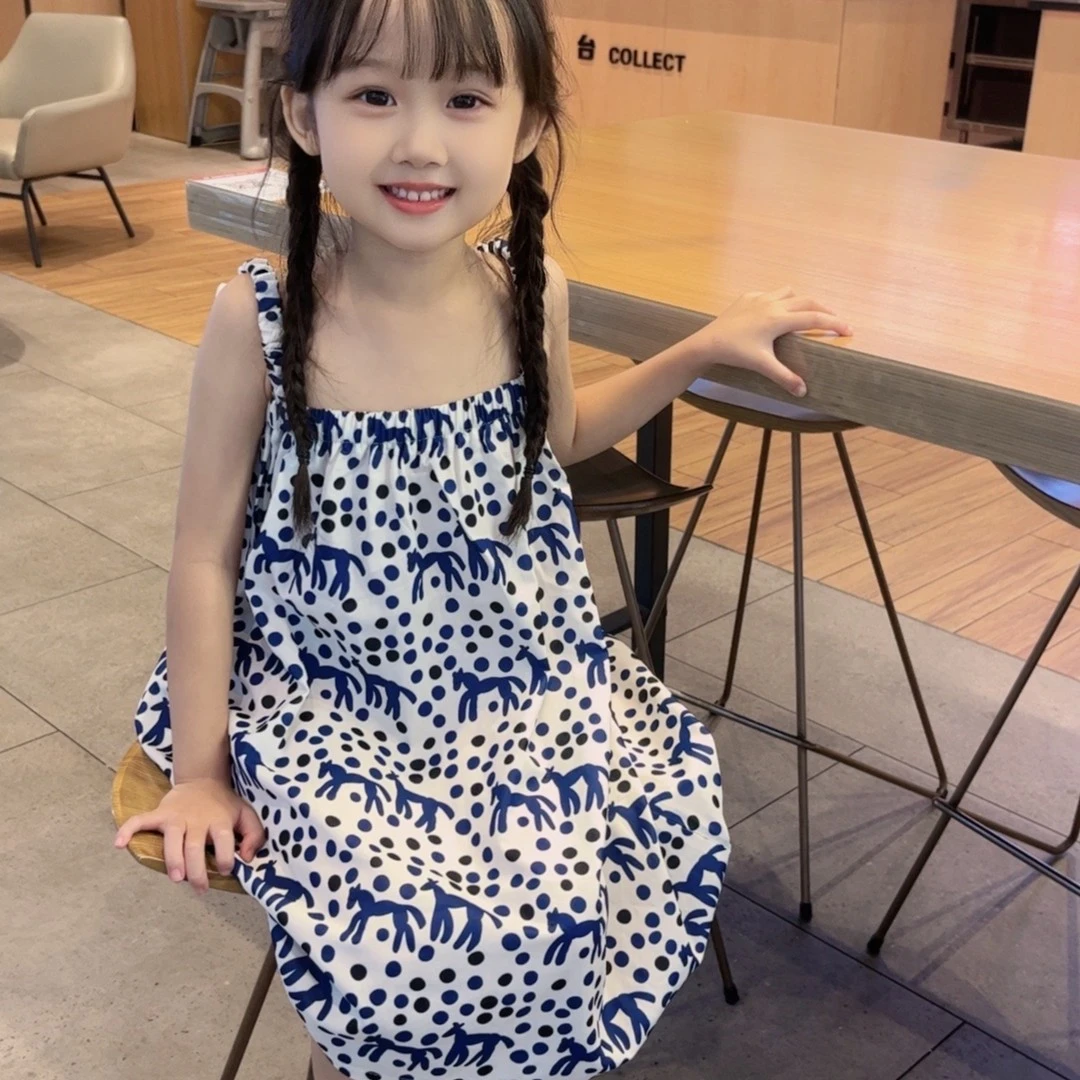 壹妈韩版童装女童蓝色波点吊带裙夏季儿童连衣裙女宝宝洋气裙子