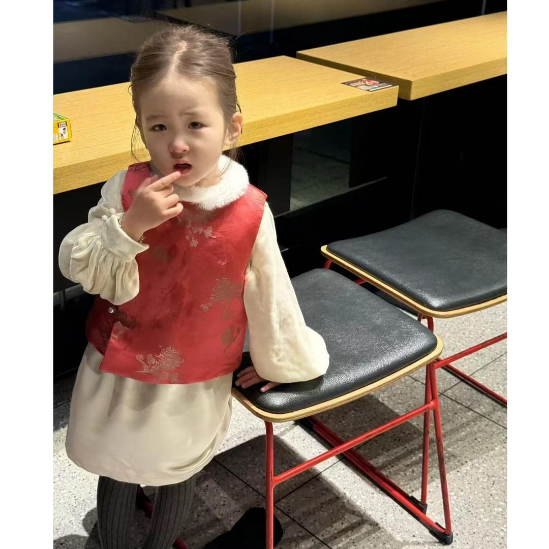 壹妈童装中国风女童拜年服套装儿童红色新中式马甲半身裙过年衣服