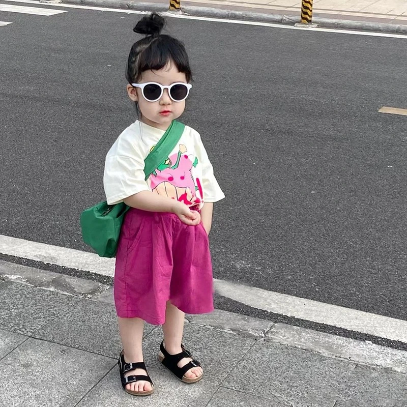 韩版童装女童套装2023夏装儿童卡通印花T恤短裤洋气休闲两件套潮