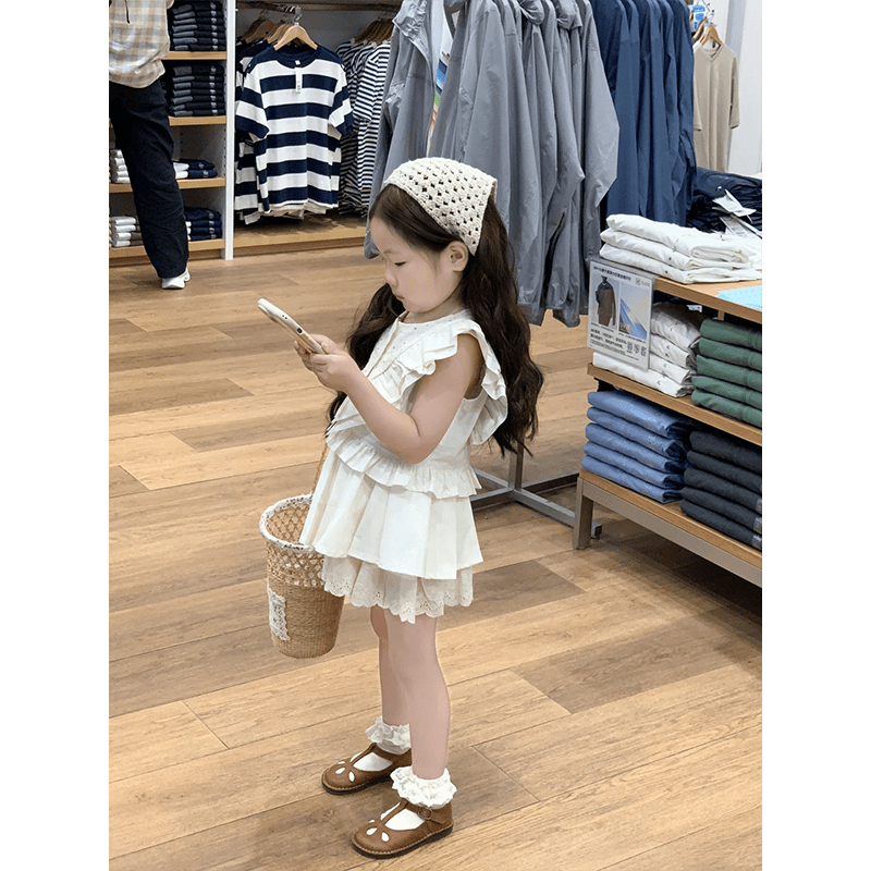 壹妈韩版童装女童夏季时髦套装儿童洋气甜美荷叶边上衣短裤两件套