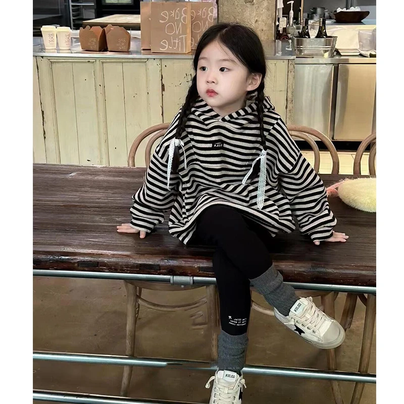 壹妈韩版童装女童套装秋装洋气时髦条纹宽松连帽卫衣打底裤两件套
