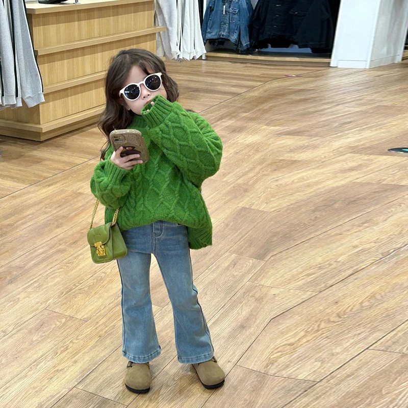 壹妈童装女童春秋时髦洋气针织衫儿童绿色毛衣小女孩网红炸街上衣