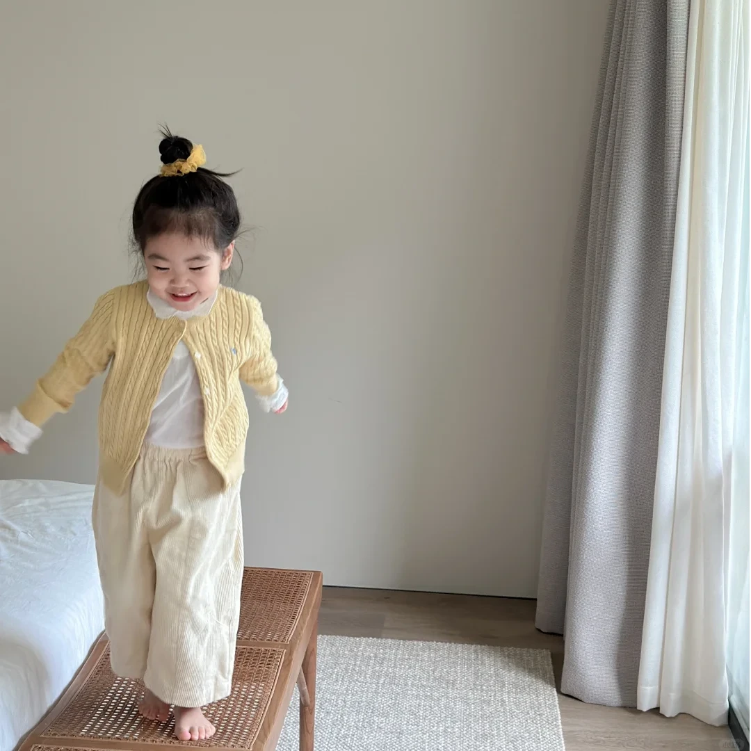 【现货】壹妈韩版童装萌娃穿搭女童套装儿童洋气黄色针织开衫休闲裤