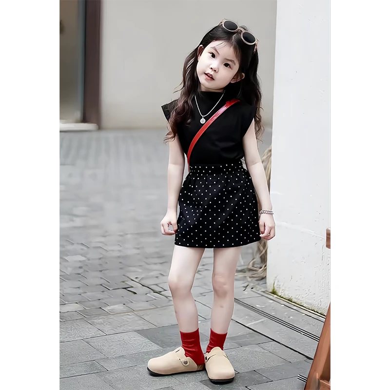 【现货】韩版童装女童小香风套装夏装儿童洋气黑色短袖上衣波点短裙