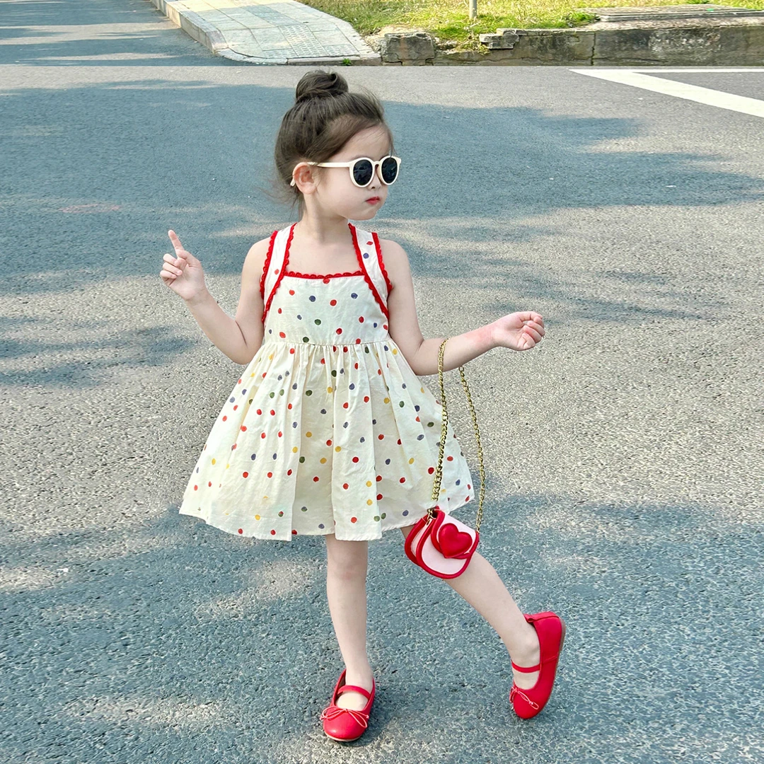 壹妈韩版童装女童吊带裙2024夏季新款洋气无袖时髦波点露背连衣裙