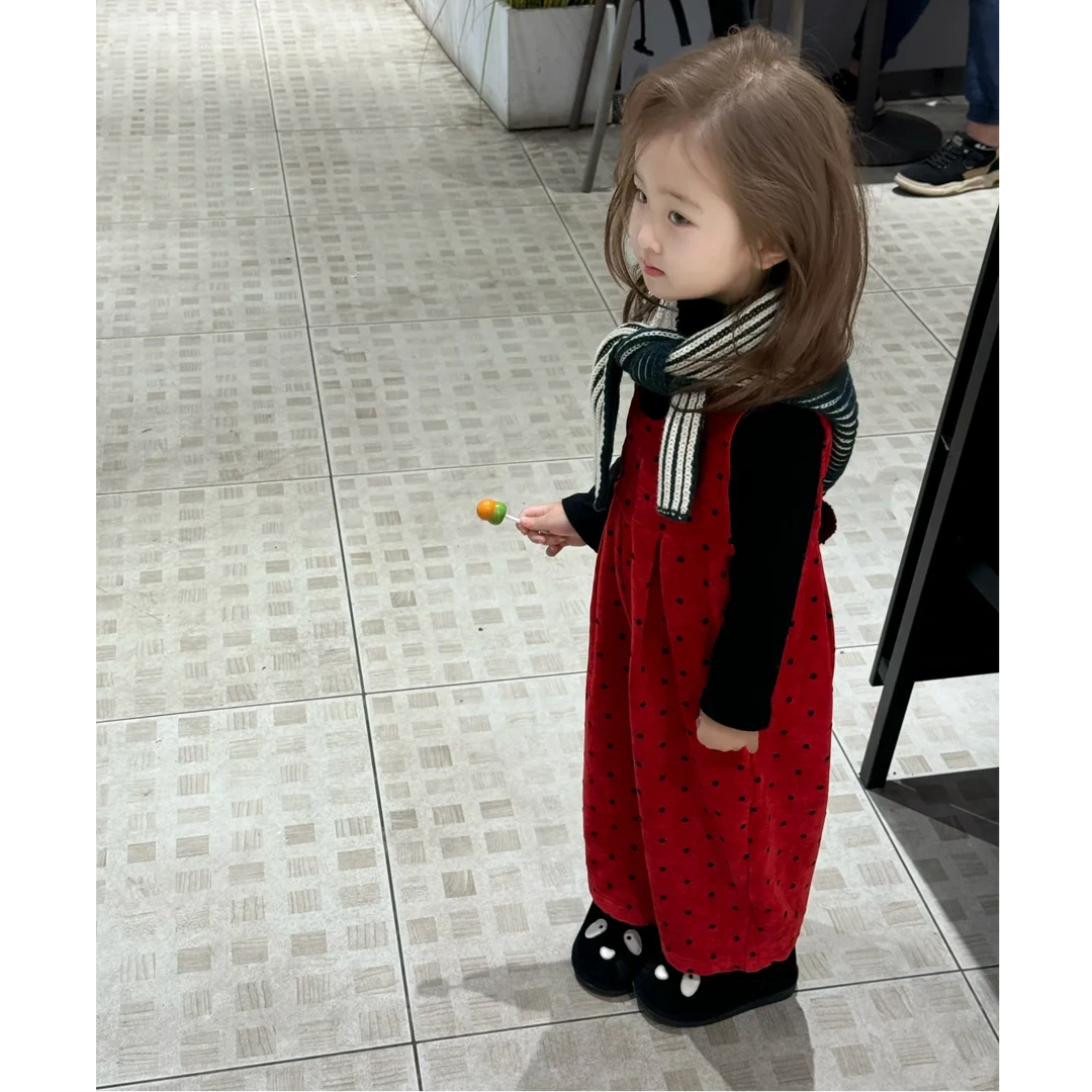 壹妈童装女童新年穿搭过年服套装秋季儿童碎花上衣红色波点背带裤