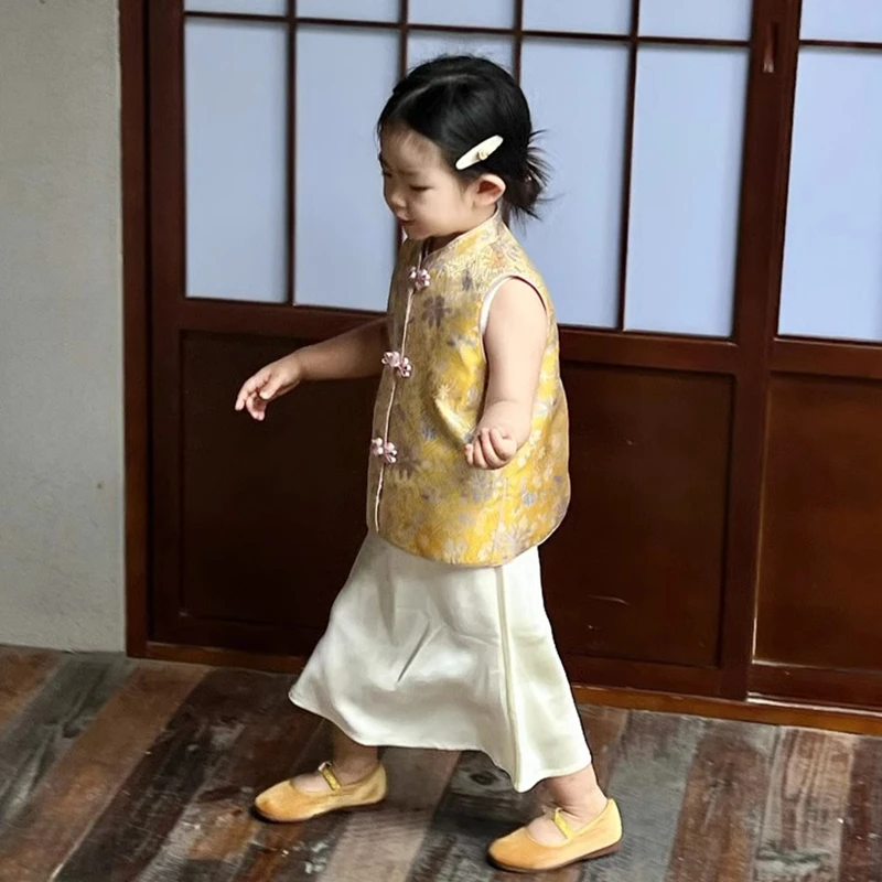 现货壹妈女童中国风汉服套装秋冬款儿童洋气提花马甲上衣半身裙